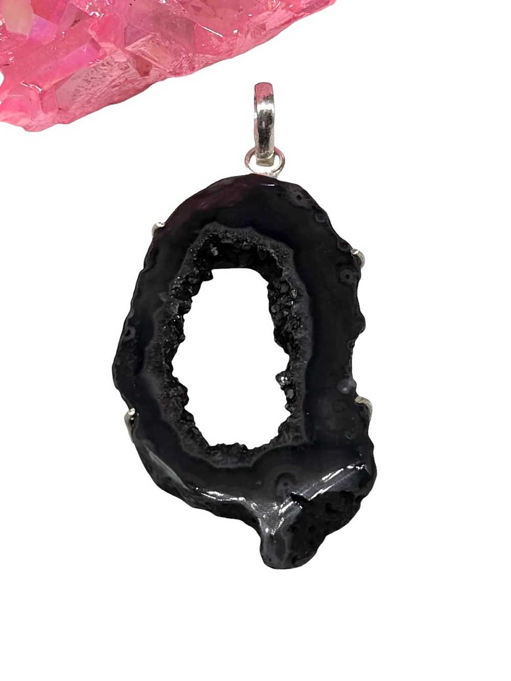 Black Window Agate Druzy Necklace Pendant 925 Sterling Silver Overlay